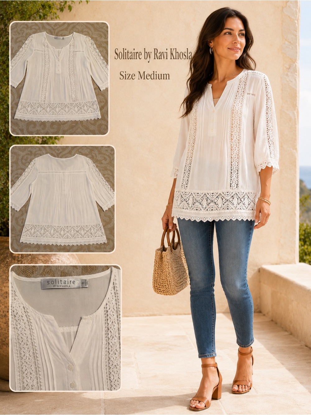 Solitaire Ravi Khosla White Crochet Lace Boho Tunic Blouse Medium - Picture 2 of 13